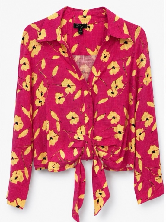 C&S Tops - Pink Floral Tie-Front Shirt